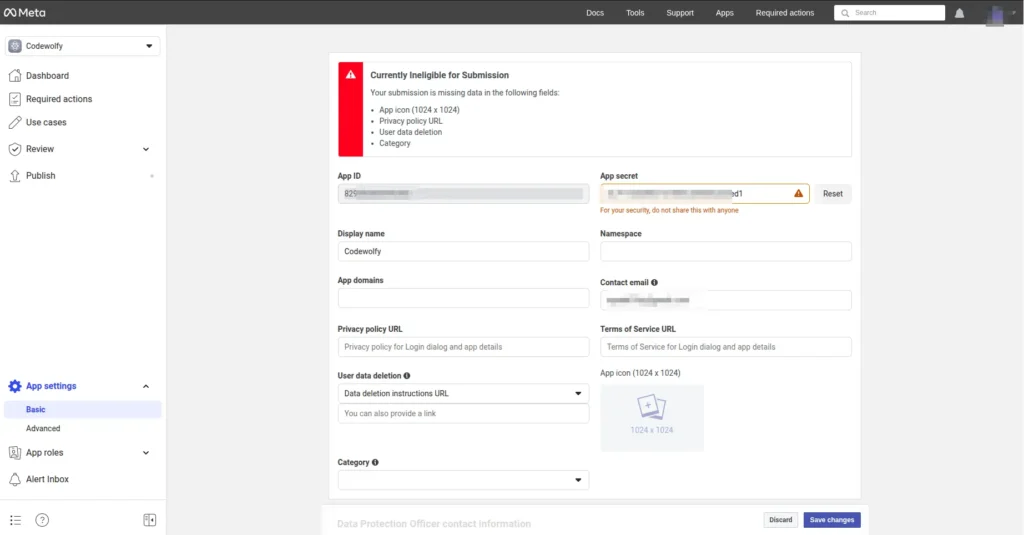 Facebook API app id and App secret