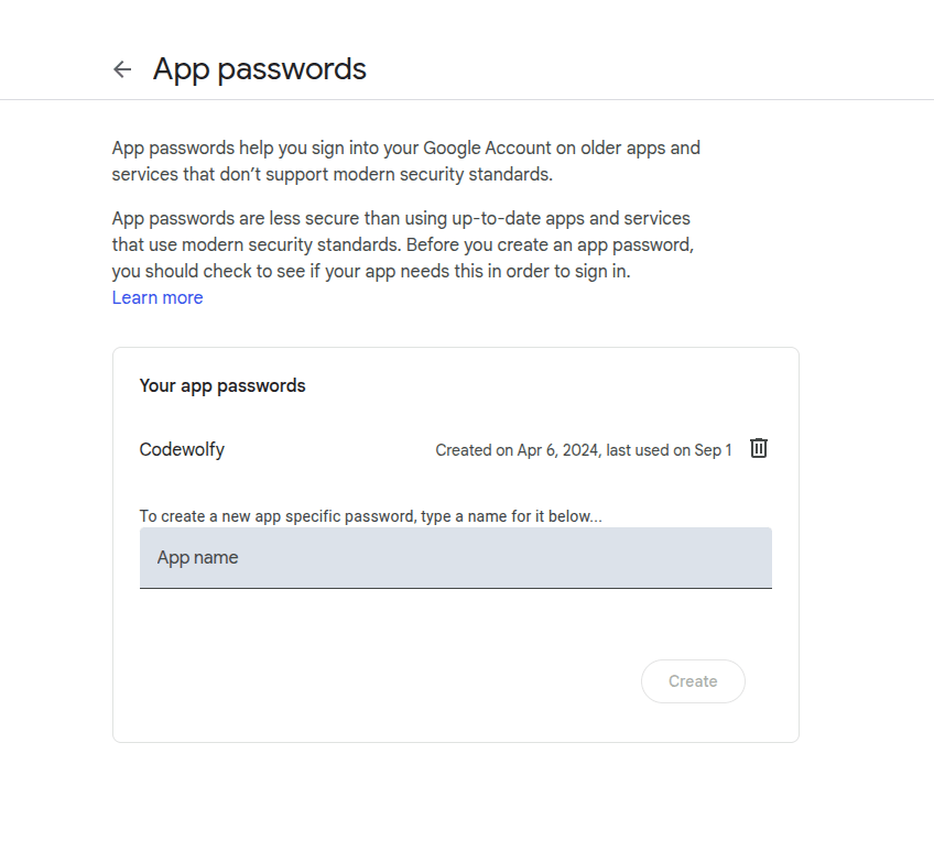 Google App password generate screen