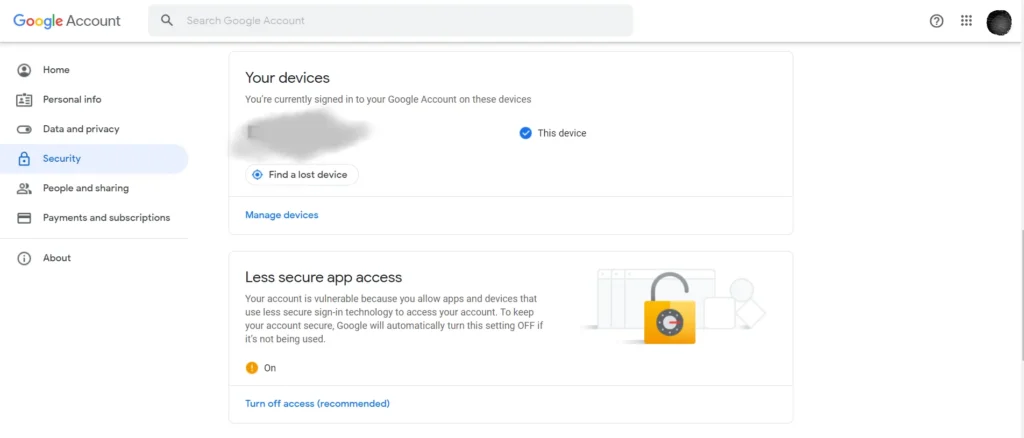Google setting for enable less secure app