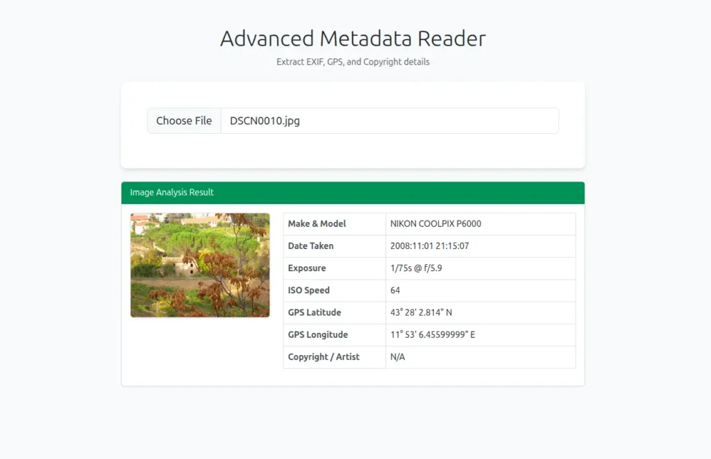Image EXIF and Metadata Reading using JavaScript Example Output