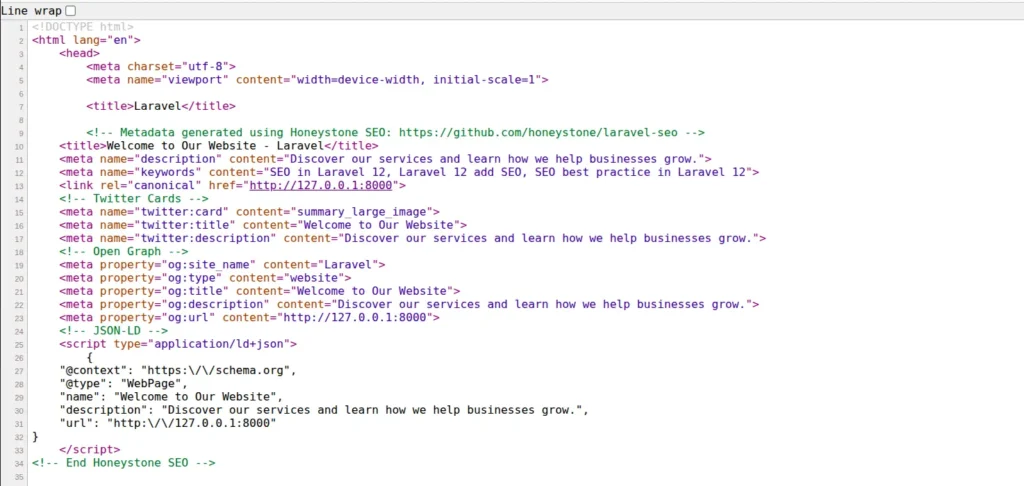 Laravel SEO tags in page source code browser