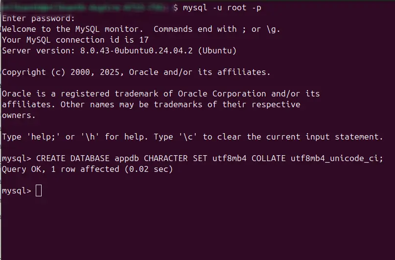 MySQL Create Database Command Line Ubuntu