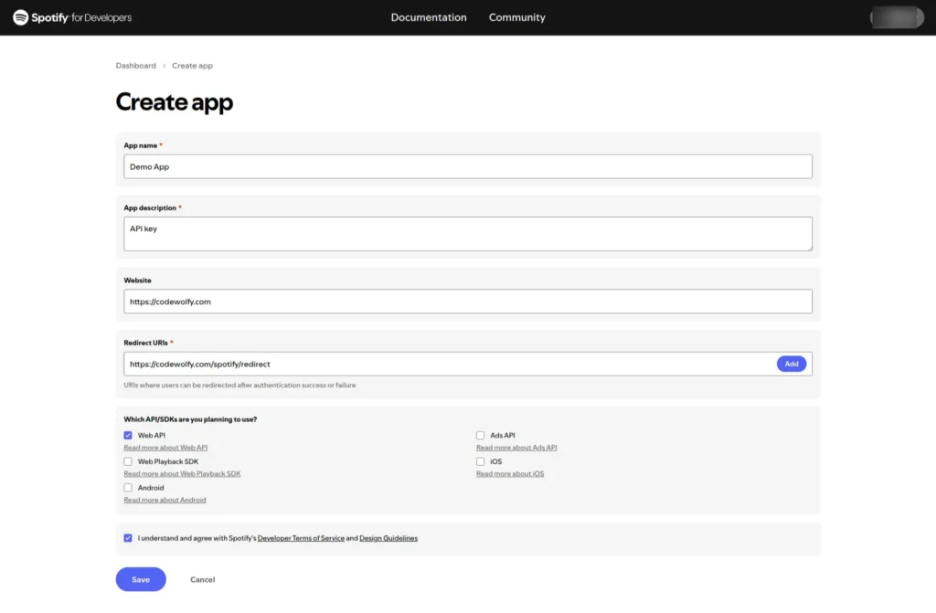 Spotify API key - App creation